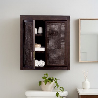 Teamson Home Hatteras Wall Cabinet with 2 Rattan Inlay Doors and Pine Wood Frame