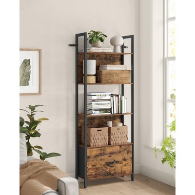 5 - Tier Industrial Bookshelf with Drawer-Steel Frame, 9.4" x 23.6" x 65",Rustic Brown and Black Finish