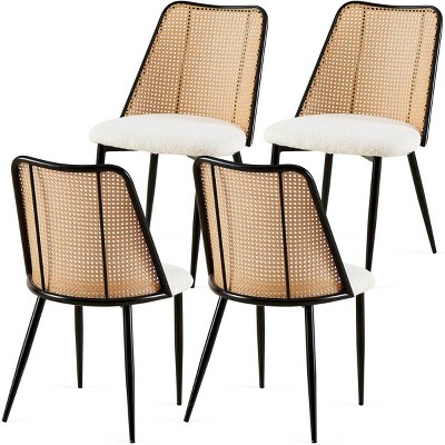 Rattan Dining Chairs Set of 4,Boucle Upholstered Chairs with Cane Back and Metal Legs for Kitchen or Dining Room-Baofuwish