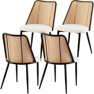 Rattan Dining Chairs Set of 4,Boucle Upholstered Chairs with Cane Back and Metal Legs for Kitchen or Dining Room-Baofuwish - 1 of 4