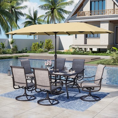 Captiva Designs 7pc Outdoor Rectangle Steel Dining Table & Sling Swivel Chairs & Beige Umbrella
