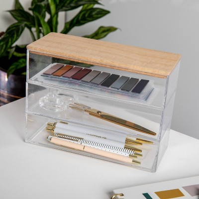 Martha Stewart 3pc Plastic Storage Organizer Bins with Light Natural Paulownia Wood Lid Clear