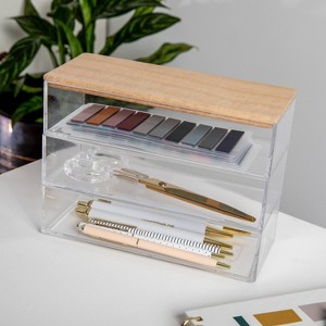 Martha Stewart 3pc Plastic Storage Organizer Bins with Light Natural Paulownia Wood Lid Clear - 1 of 4