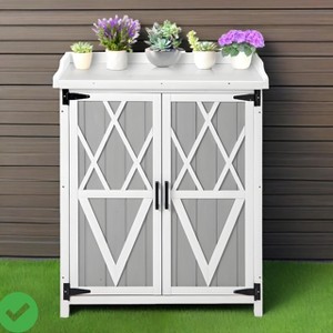 Outdoor Potting Bench with Metal Work Top Waterproof Garden Storage Cabinet Wooden Garden Work Bench with Adjustablev Shelves & Double Doors - 1 of 4