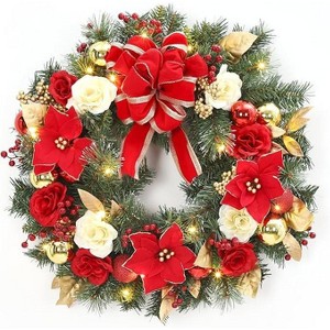 Coucheta 24 Inch Christmas Wreath - with 20 LED Lights, Red Flowers, Ribbon Bow, Gold Xmas Ball Ornaments for Fireplace Window, Red - 1 of 4