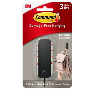 Command Medium Sized Decorative Hook Black: Plastic Painted Hook with Command Strips, 3 lb Capacity, 1 Pack - 1 of 4