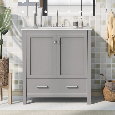 30" Bathroom Vanity Set With Drop In Sink, 2 Doors, 1 Drawer, Waterproof Paint Solid Wood Frame Bathroom Storage Cabinet