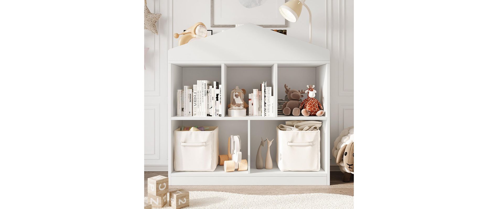 Toy Storage Organizer 5-Cubby White Kids Bookshelf, Wooden Cubby Storage Cabinet for Boys & Girls, Playroom, Nursery, Toddlers Toy Shelf