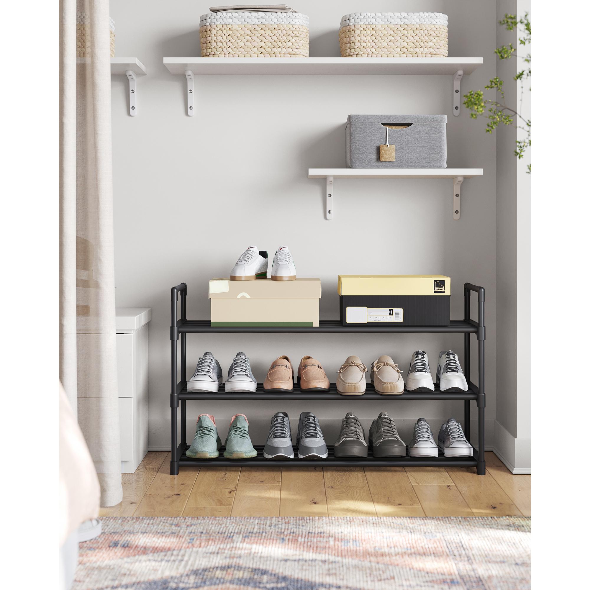 3-Tier Metal Shoe Rack Organizer, Stackable Shoe Shelf Holds 12-15 Pairs, Space Saving Design, Black