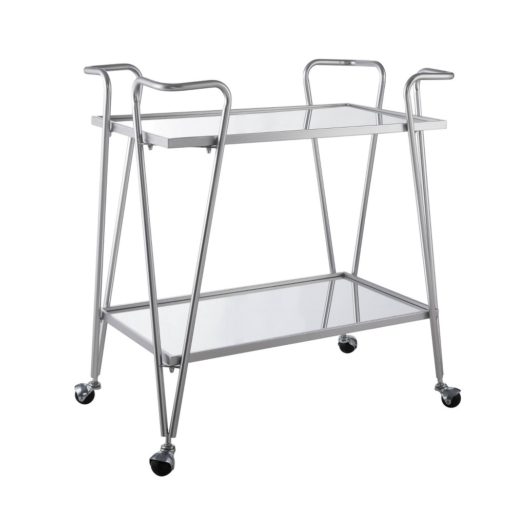 Photos - Kitchen System Linon Mid-Century Modern Metal Frame 2 Mirrored Spacious Glass Shelves Locking Wheels Bar Cart Silver  