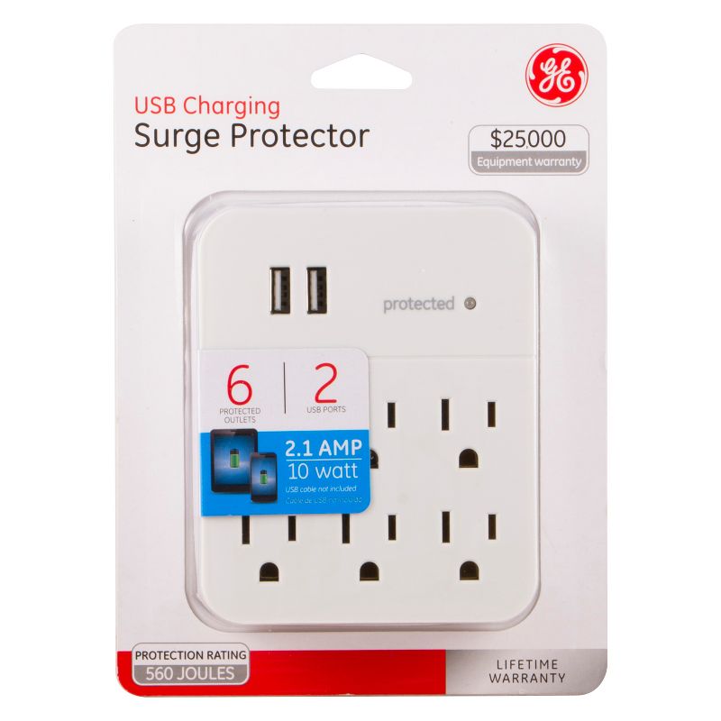 GE 6 Outlet 2 USB Port Surge Protector Wall Tap 560 White, 6 of 8