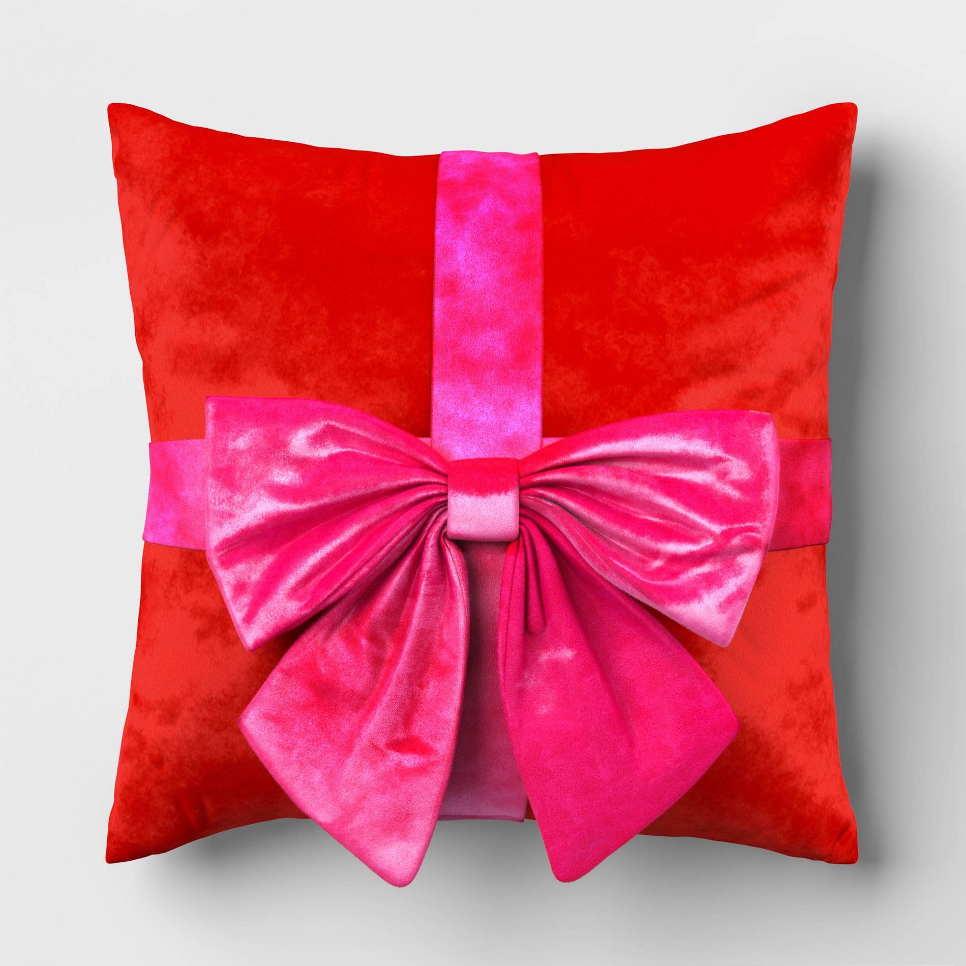 16" Christmas Red Square Pillow with Hot Pink Bow - Wondershop™