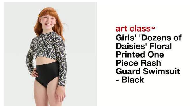 Girls&#39; &#39;Dozens of Daisies&#39; Floral Printed One Piece Rash Guard Swimsuit - art class&#8482; Black, 2 of 5, play video