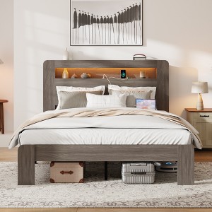 GDFStudio Lyvi Modern Wooden Platform Bed with Storage Headboard and LED Light - 1 of 4
