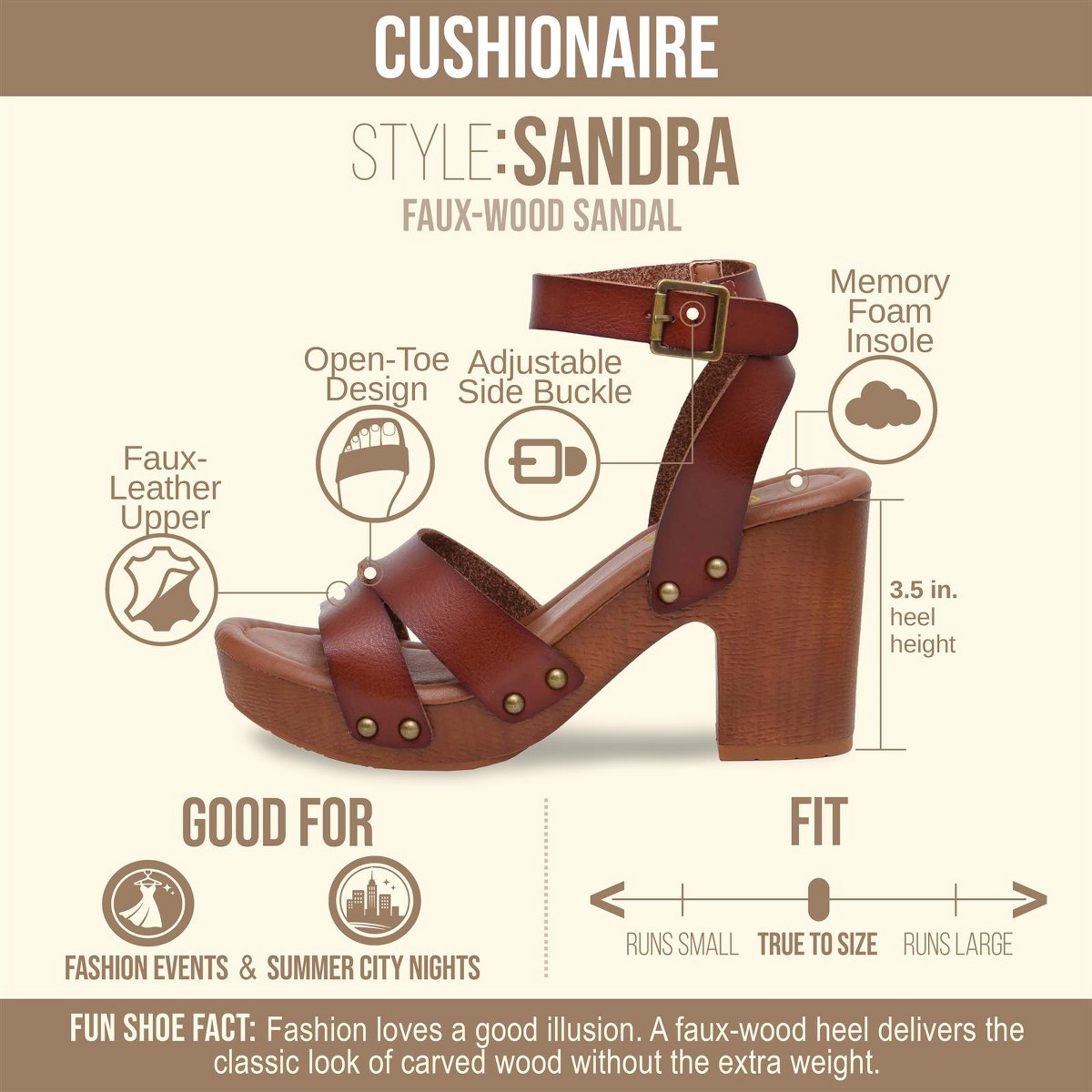 Женские сандалии CUSHIONAIRE Dunes Sandra Faux Wood Block Womens Heels with Ankle Strap – Chunky Western Platform Sandals Women Comfort with Memory Foam, Whiskey 8 — фото 2