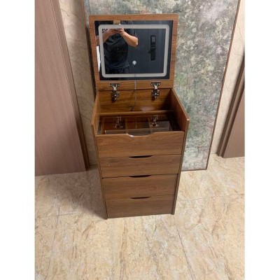 (48cm)(Walnut) 3 in 1 Vanity Desk with Plip Top Mirror,Small Make Up Vanity Set with Visible Glass Desktop