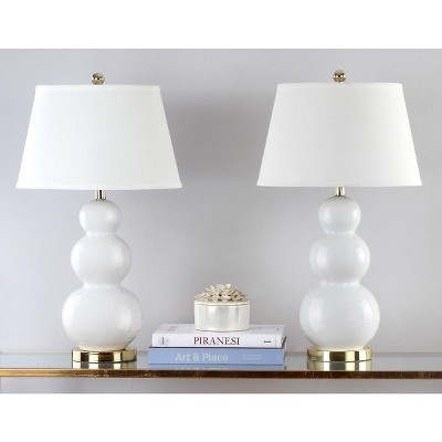 Elegant White Ceramic Gourd Table Lamp Set with Off-White Shade, 28"