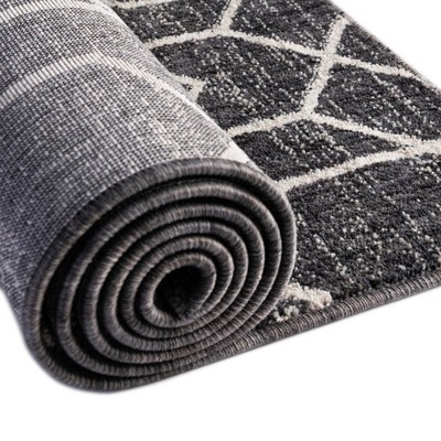 Dark Gray and Ivory Geometric Trellis Runner Rug