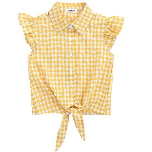 Girls Tie Front Knot Tops with Ruffle Sleeve Plaid Tops Tie Front Blouse Short Sleeve Button Down Shirts for Toddler Girls - 1 of 4