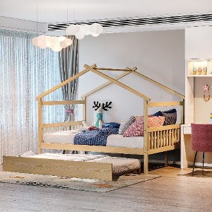 CAVINAS Twin Size Bed Frame, Wooden House Bed with Pull-Out Trundle, House-Shaped Bed for Kids, Teens, Girls, Boys - 1 of 4