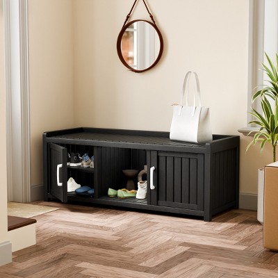 Syemin Shoe Racks Shoe Storage Cabinet Waterproof UV-Resistant Entryway Storage Bench Indoor Outdoor Shoe Organizer, Black, 46.85"*17.32"*17.91"