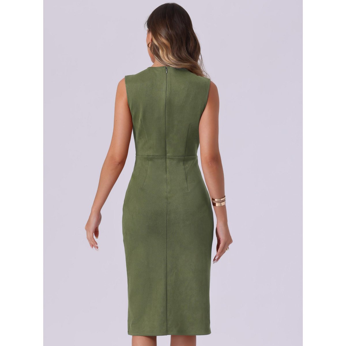 Женские платья INSPIRE CHIC Women's Faux Suede Sleeveless Crewneck Split Hem Work Sheath Dress Small Army Green — фото 3