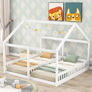 CAVINAS Double Floor Bed Twin Size Modern House-Shaped Pine Bed Frame with 2 Beds Side by Side and Guardrails for Bedroom - 1 of 4