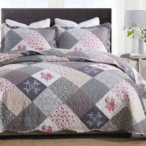 King Size Farmhouse Quilt Set, Grey Reversible Floral Coverlet with 2 Pillow Shams - 1 of 4