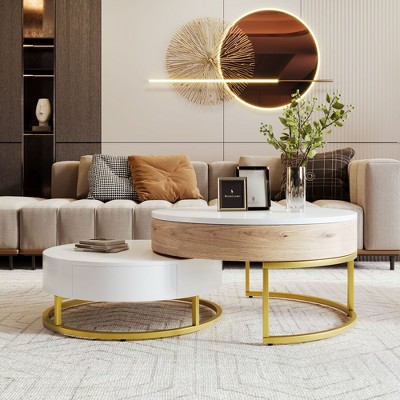 PAGED 31.5 Inch Round Coffee Table Simple Modern Side Table with 2 Storage Drawers and Golden Legs for Living Room, Bedroom