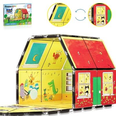 PICASSO-TILES 24 PC Pete The Cat Magnetic Tile House Set Magnetic Tiles, Building Blocks, STEM Toys for Kids 3+