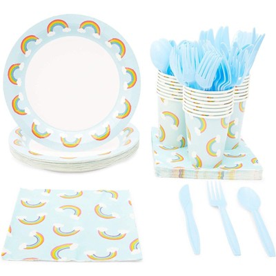 Blue Panda 144 pcs Pride Rainbow Party Disposable Dinnerware Set - Plate, Cups, Napkins & Cutlery Serves 24