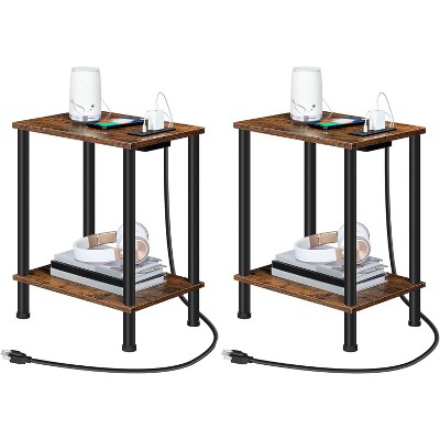 Set of 2 End Tables with USB Port and Outlets, Nightstand with 2-Layer Storage Shelves