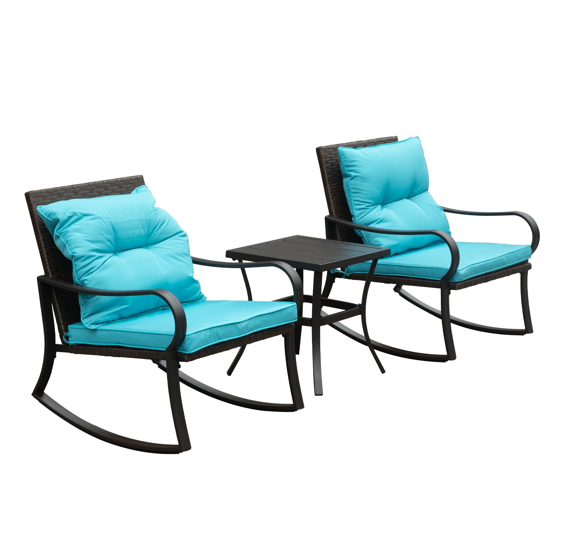 ORRD 2-Person Outdoor Rocking Chair Set with Cushions & Table | All-Weather PE Wicker & Steel Patio Conversation Set,Blue