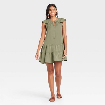 Women's Flutter Short Sleeve Tiered Dress - Knox Rose™ Olive L