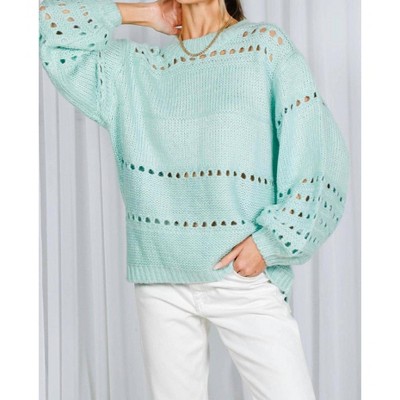 Women's Round Neck Balloon Sleeve Open-knit Crochet Sweater - Vine & Love