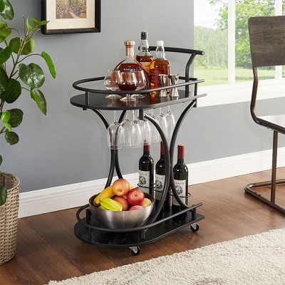 MaseiKar 2-Tier Bar Cart, Black Wine Cart with Wine Rack & Glass Holder, Mobile Bar Serving Cart for Home Party, Drink Trolley for Living Room