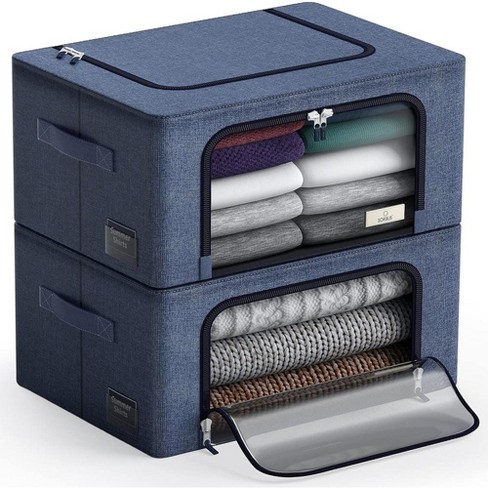 Unique Bargains Foldable Clothes Storage Bins for Clothes with Reinforced Handle Sturdy Zipper Dark Blue 3 Pcs
