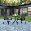 Emma and Oliver Three Piece Patio Table Set with Round Metal Frame Table with Tempered Glass Top and Two Flex Comfort Stacking Chairs - 2 of 4