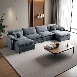 150.38" Corduroy U-Shaped Modular Sectional Sofa with Double-Layer Cushions & 2 Ottomans - 1 of 4