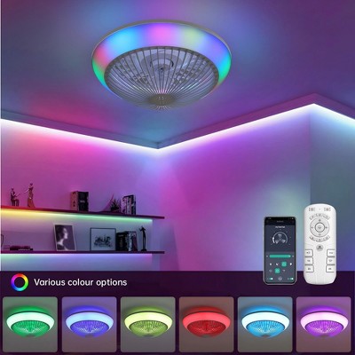 15 Inch Flush Mount Ceiling Fan w/ Lighting RGB LED Light Adjustable Wind Speed Remote Control Bladeless Fan