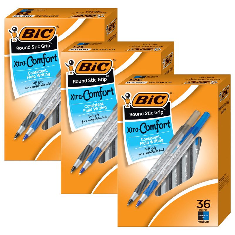 Bic Round Stic Grip Xtra Comfort Ballpoint Pens, Medium Point (1.2mm), Assorted Colors, 36 Per Pack, 3 Packs, 1 of 2
