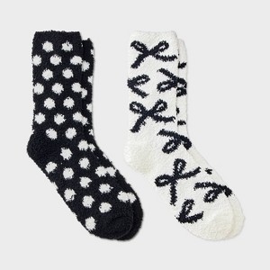Women's Bows & Polka Dots 2pk Cozy Crew Socks - White/Black 4-10 - 1 of 3