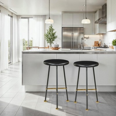 Royal Hampton 24.5 Backless Barstool with Round Mango Wood Seat | PVD Coating | Gold Footrest | Iron Legs