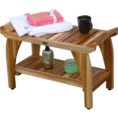 EcoDecors 32" Natural Teak Shower Bench with Handles and Shelf