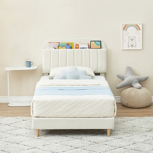 Children's bed, upholstered single bed frame with storage headboard and slatted frame, velvet upholstered, suitable for beds for boys and girls - 1 of 4