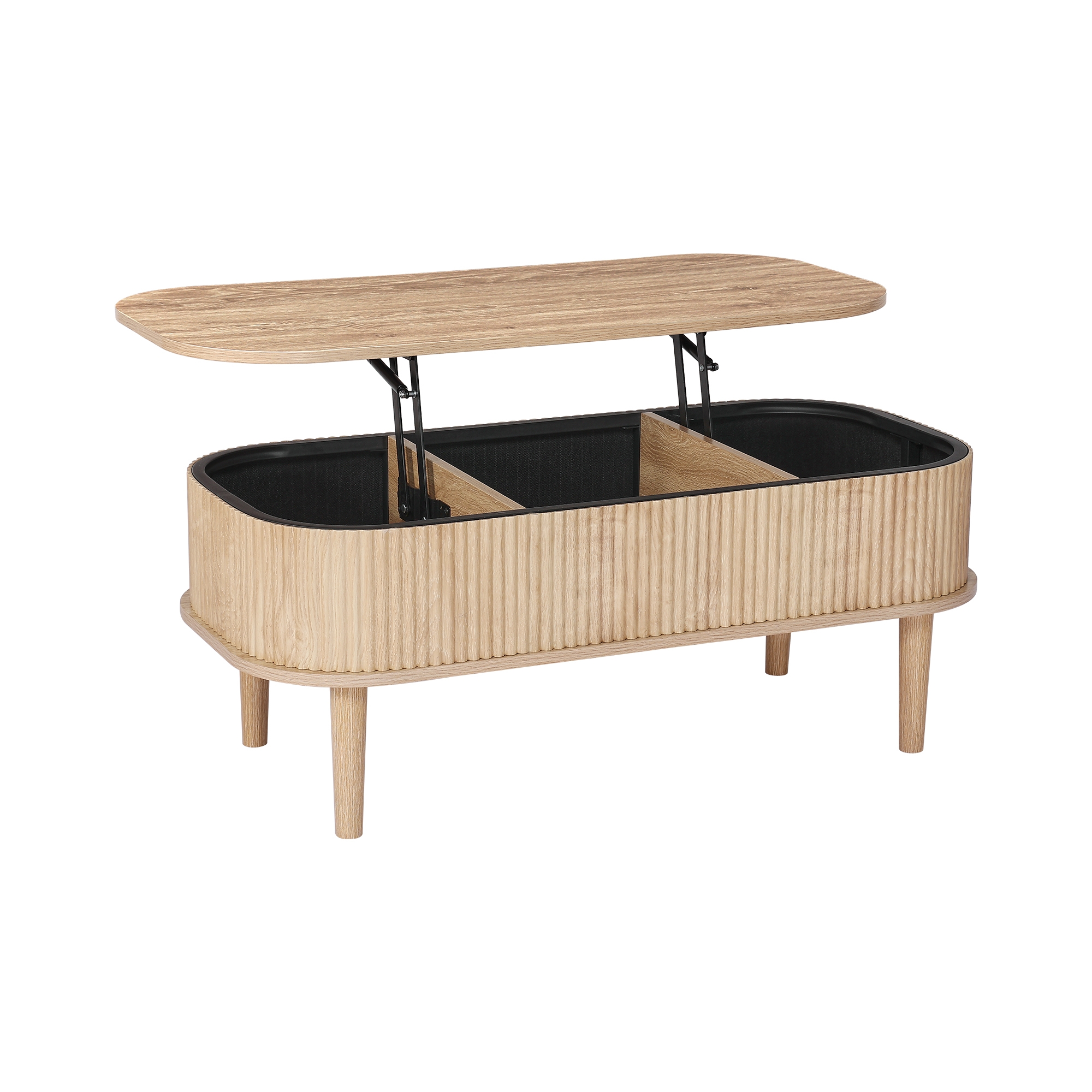 VEVOR 39.4 in Lift Top Coffee Table, Fluted Oval Coffee Table with 3 Hidden Compartment, Mid Century Wooden Oval Center Desk, Lift Up Tabletop,Beige
