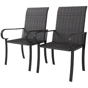 Set of 2/4 Outdoor Wicker Dining Chairs with Armrest, Steel Frame, High Back and Deep Seating - 1 of 4