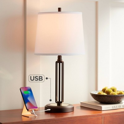 Franklin Iron Works Javier Industrial Table Lamp 24 1/2" High Bronze with USB Charging Port White Drum Shade for Bedroom Living Room Bedside Home Desk