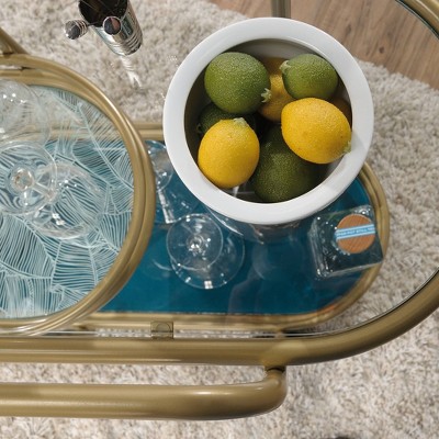 Satin Gold Coral Cape Bar Cart with Tempered Glass Shelves
