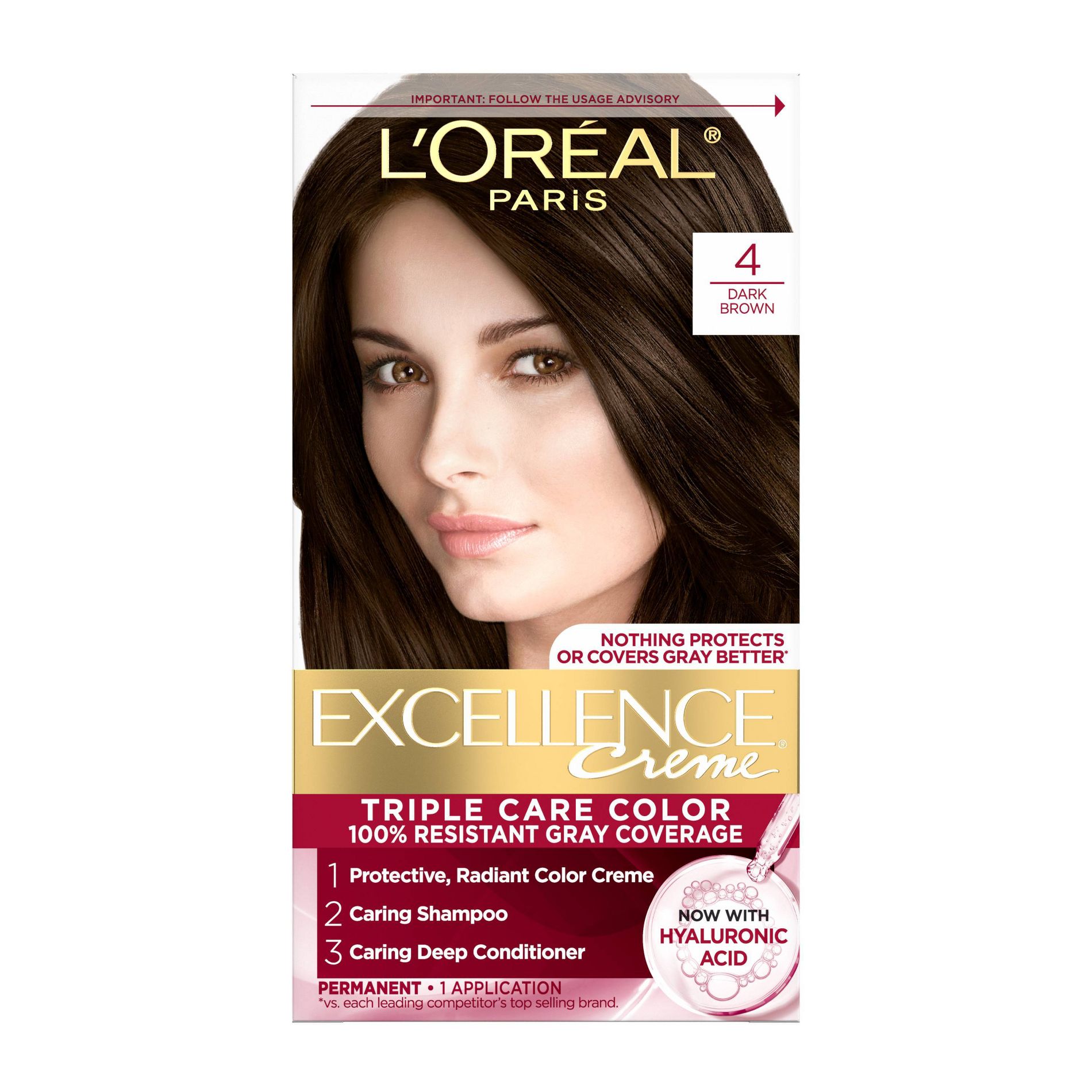 L'Oreal Paris Excellence Triple Protection Permanent Hair Color - 4 Dark Brown - 1 Kit: Sulfate-Free, Paraben-Free, Aluminum-Free